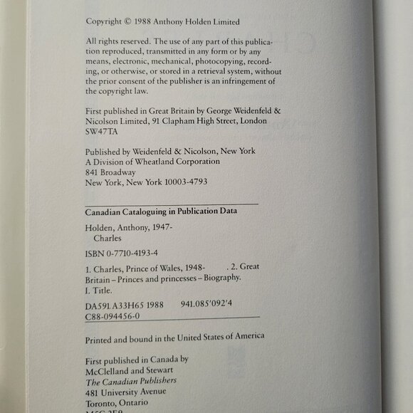1988 Charles: A Biography By Anthony Holden Book - Hardcover - Picture 7 of 7